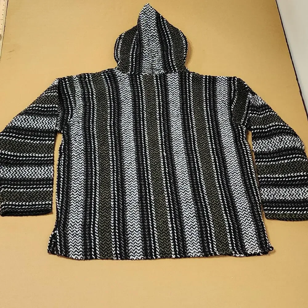 Wild Bill's Baja Co Sweater Mens Large Black Stripe Hooded Knit Baja Pullover